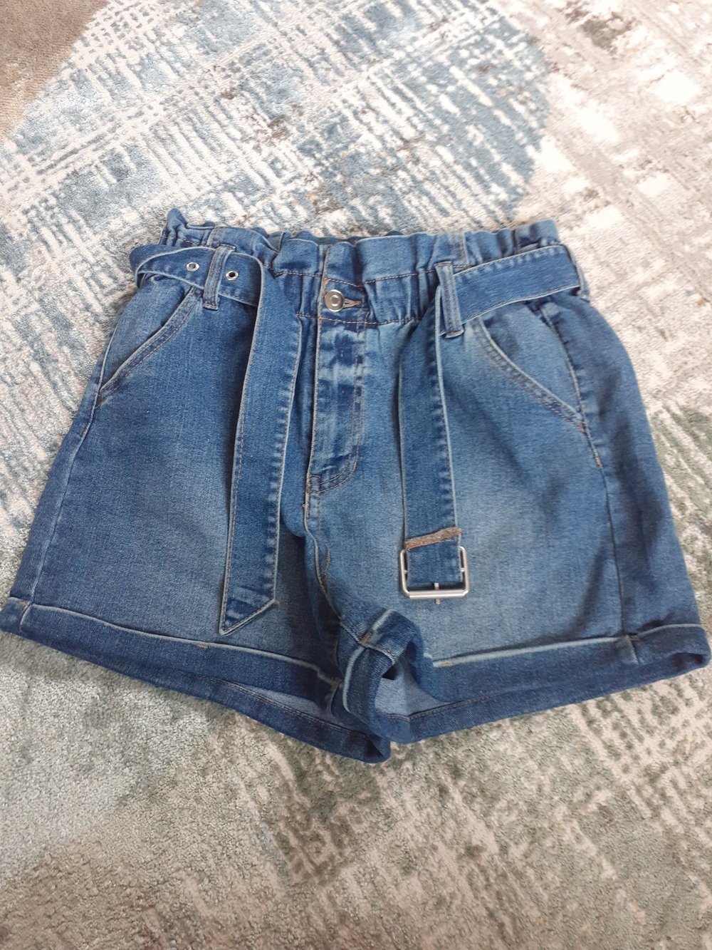 No Boundaries Denim Paperbag Waist Shorts in Blue with Tie Belt